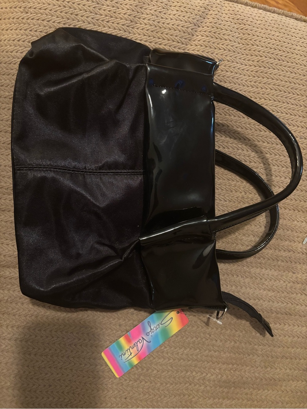 Black Satin Tote with Patent Trim Bag - NEW NWT